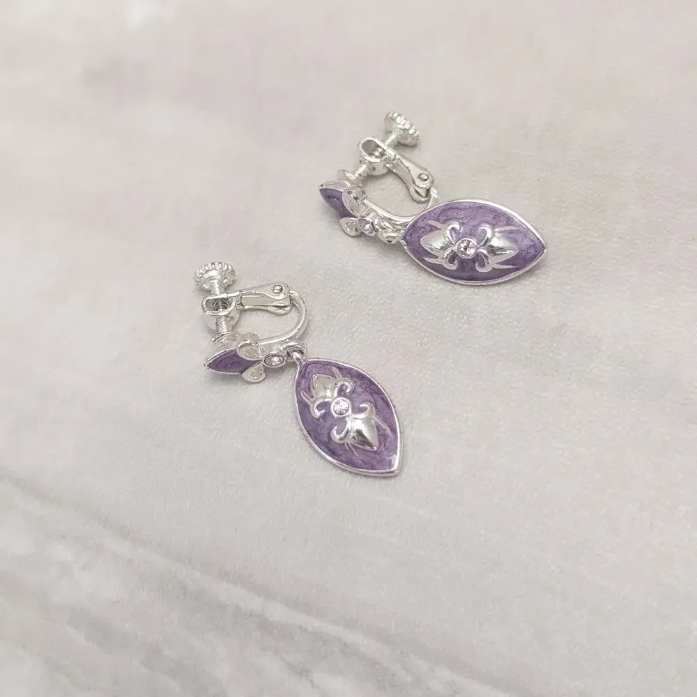 Vintage Clip On Earrings Purple & Silver Tone Fleur De Lis Like Dangle Drop